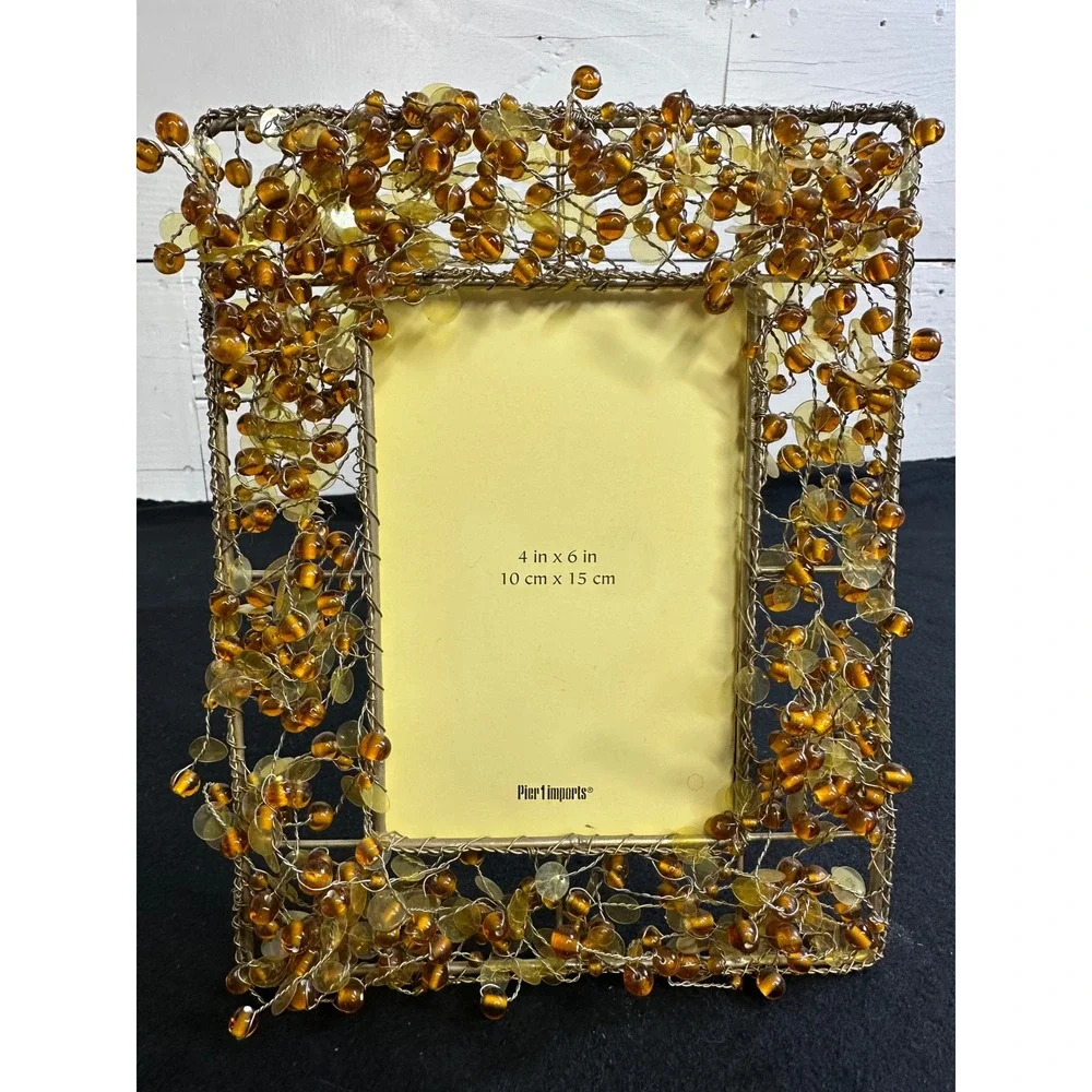 Pier 1 Imports Amber Beaded Wire 4x6 Picture Frame Gold Tone Boho Home Decor
